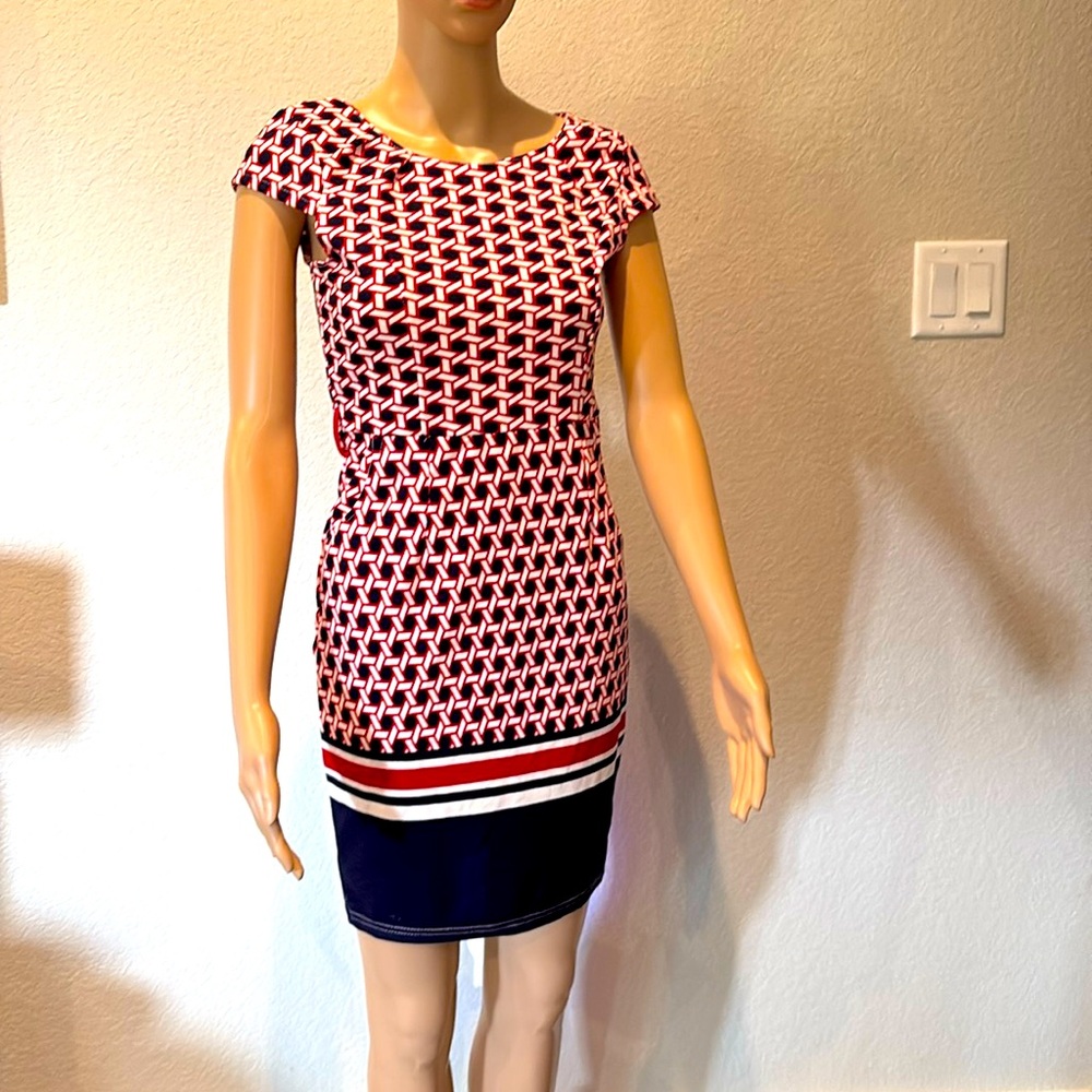 Stylish Red and Navy Patterned Dress Small